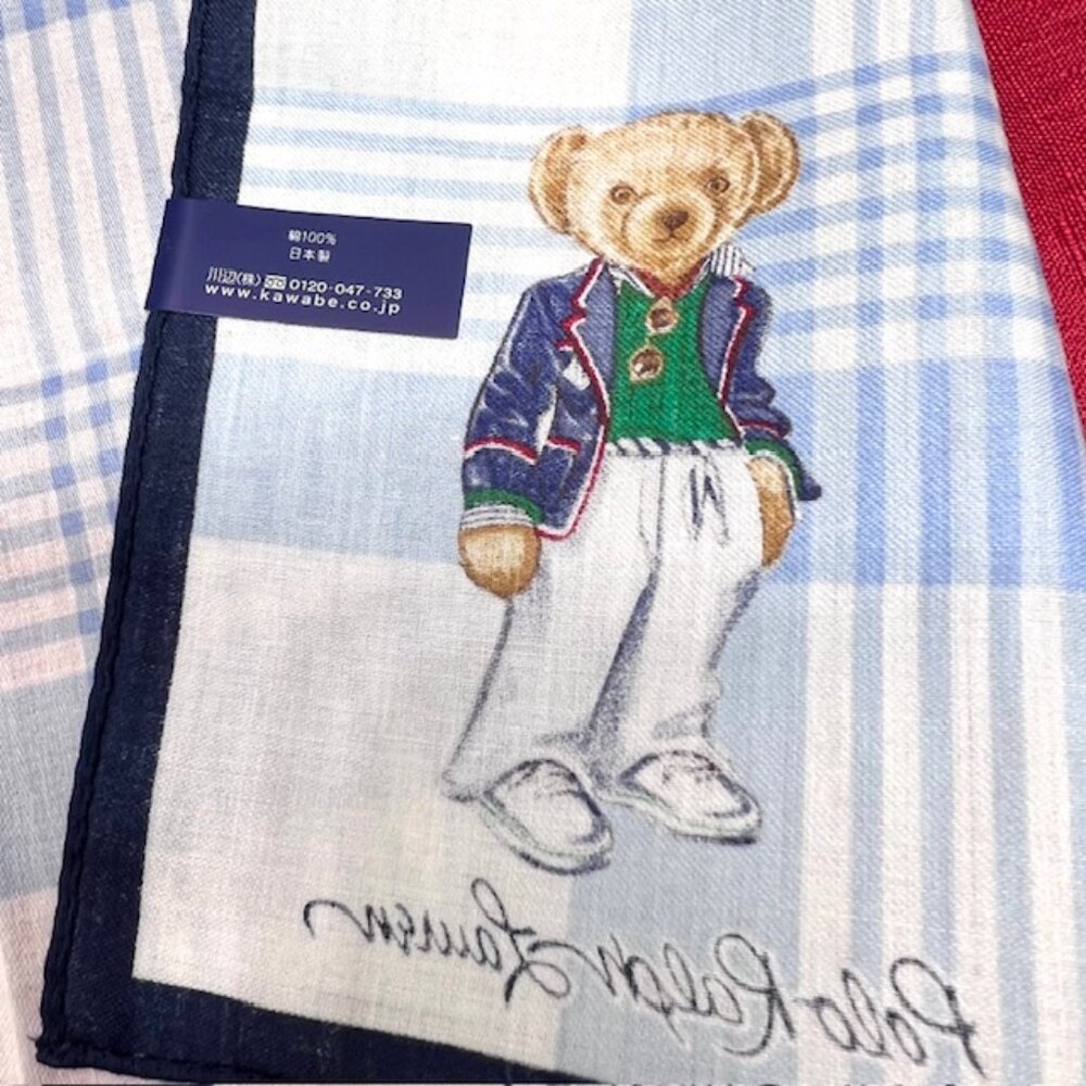 Polo Ralph Lauren Handkerchief/ Bandana 19" white blue check with Bear (82) - Picture 7 of 13